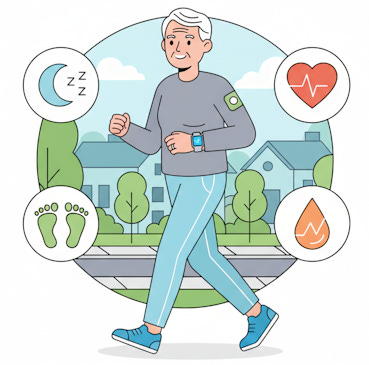 Man walking surrounded by symbols of body parts Man walking surrounded by symbols of body parts