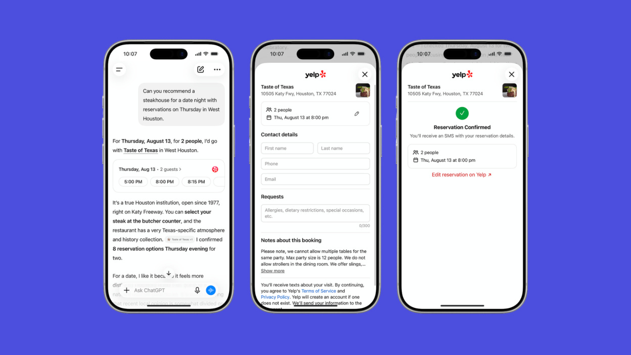 Three phones showing Yelp's reservation tool in ChatGPT. Three phones showing Yelp's reservation tool in ChatGPT.