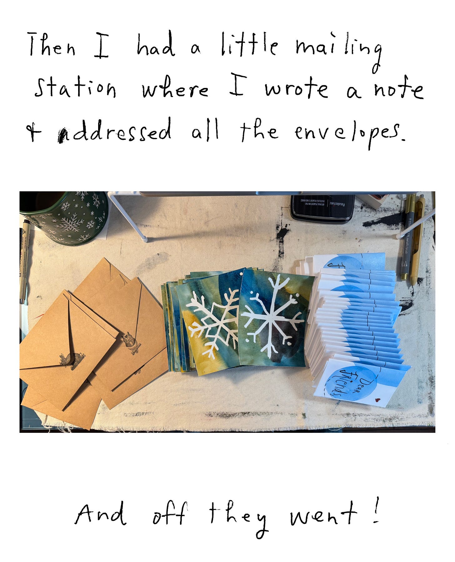 Then I had a little mailing station where I wrote a note and addressed all the envelopes. [photo of zines and envelopes] And off they went!