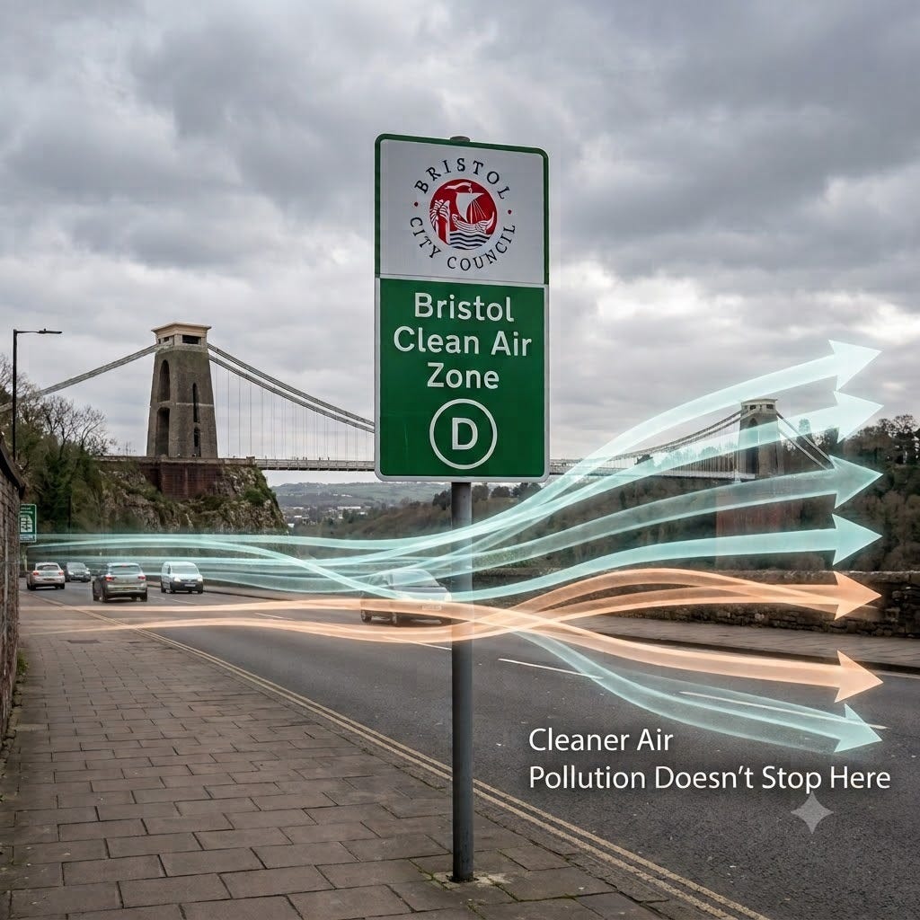 Bristol Clean Air Zone road sign on Bristol City Council land near Clifton Suspension Bridge, with illustration showing both clean air and dispersing pollution crossing the charging zone boundary — thealmightygob.com Bristol Clean Air Zone road sign on Bristol City Council land near Clifton Suspension Bridge, with illustration showing both clean air and dispersing pollution crossing the charging zone boundary — thealmightygob.com