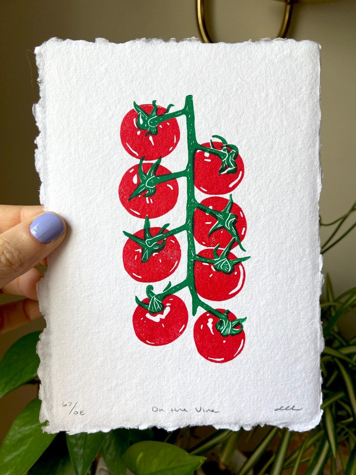 Cherry Tomatoes On The Vine Block Print | Tomatoes Linocut | Produce Art | Farmers Market | Kitchen Art | Food Art | image 1