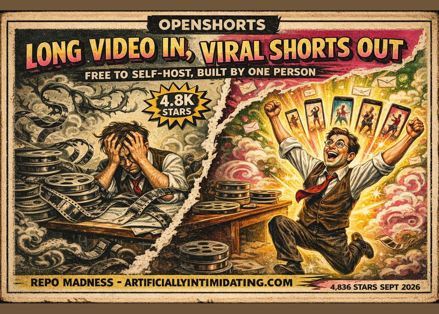 Split vintage poster: left, a person grips their head in despair over piles of tangled film reels; right, the same person kneels triumphant as a fan of vertical video clips bursts upward, mail icons in the air.