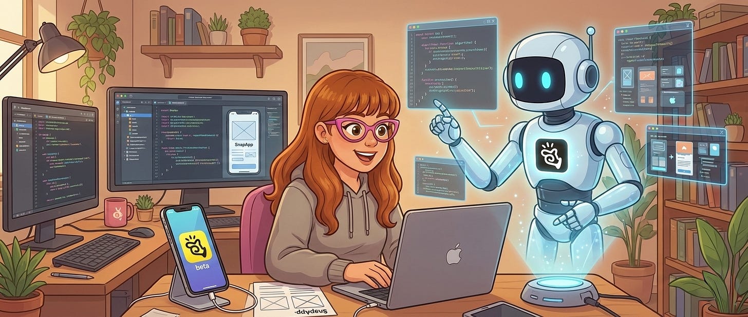 Illustration of a creator working at a desk on a laptop while an AI assistant robot hovers beside her, pointing to floating code and app screens as a mobile app is built and previewed on iOS and Android in a home office setup.