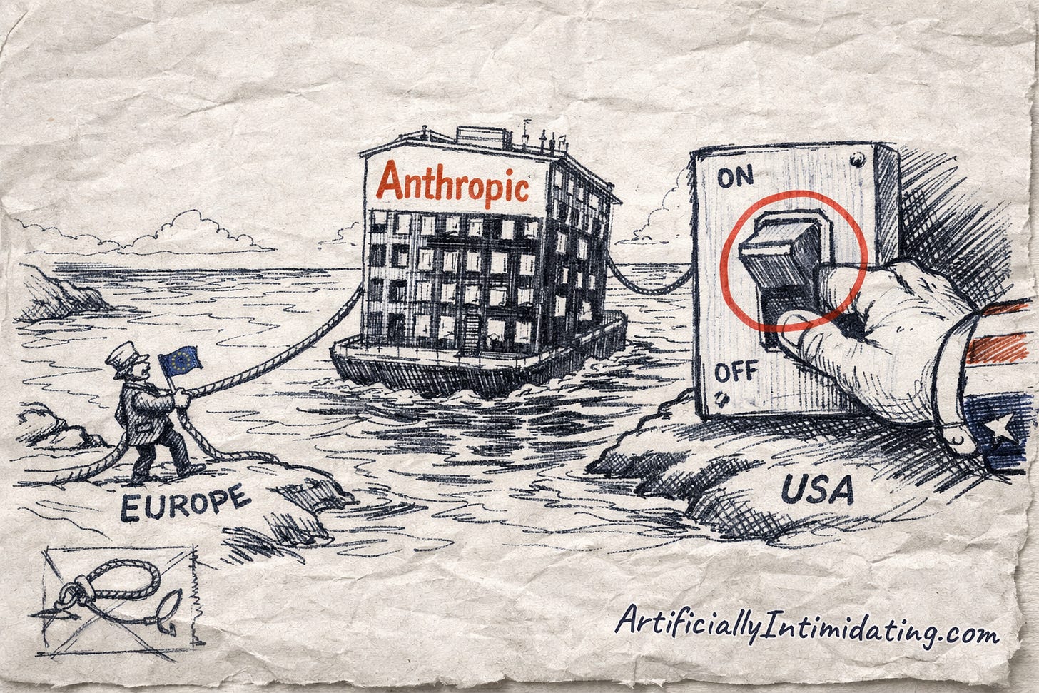 An EU figure tugs the Anthropic building across the ocean while a US hand holds an OFF switch