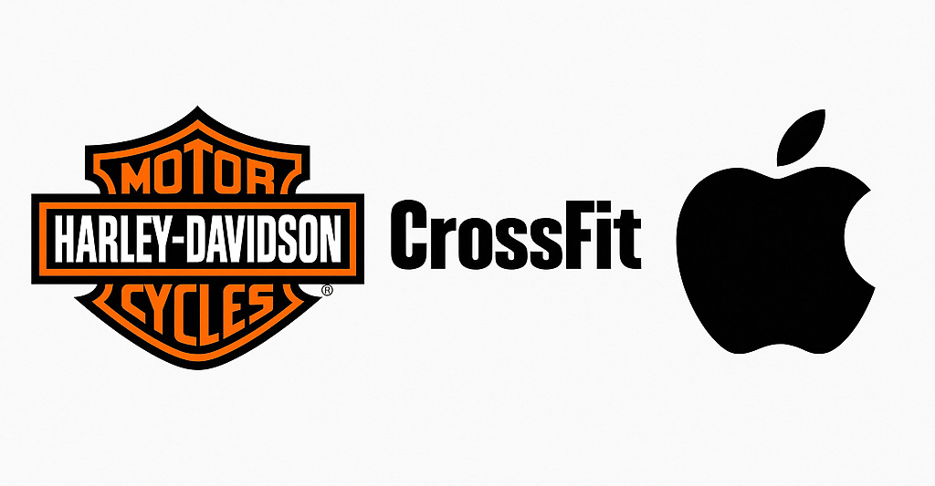 Logos of Harley-Davidson, CrossFit, and Apple representing cult brand examples