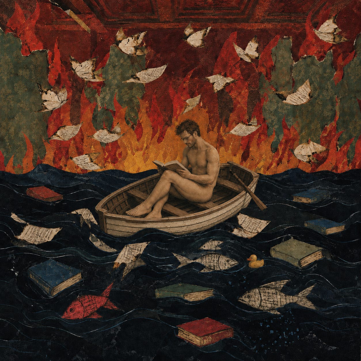 A man reads in a small wooden boat on a dark sea filled with books and fish made from printed pages, while loose pages fly through flames overhead. A man reads in a small wooden boat on a dark sea filled with books and fish made from printed pages, while loose pages fly through flames overhead.