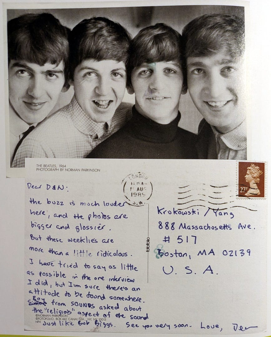 Postcard of The Beatles sent to Damon and Naomi by Dean, 1989