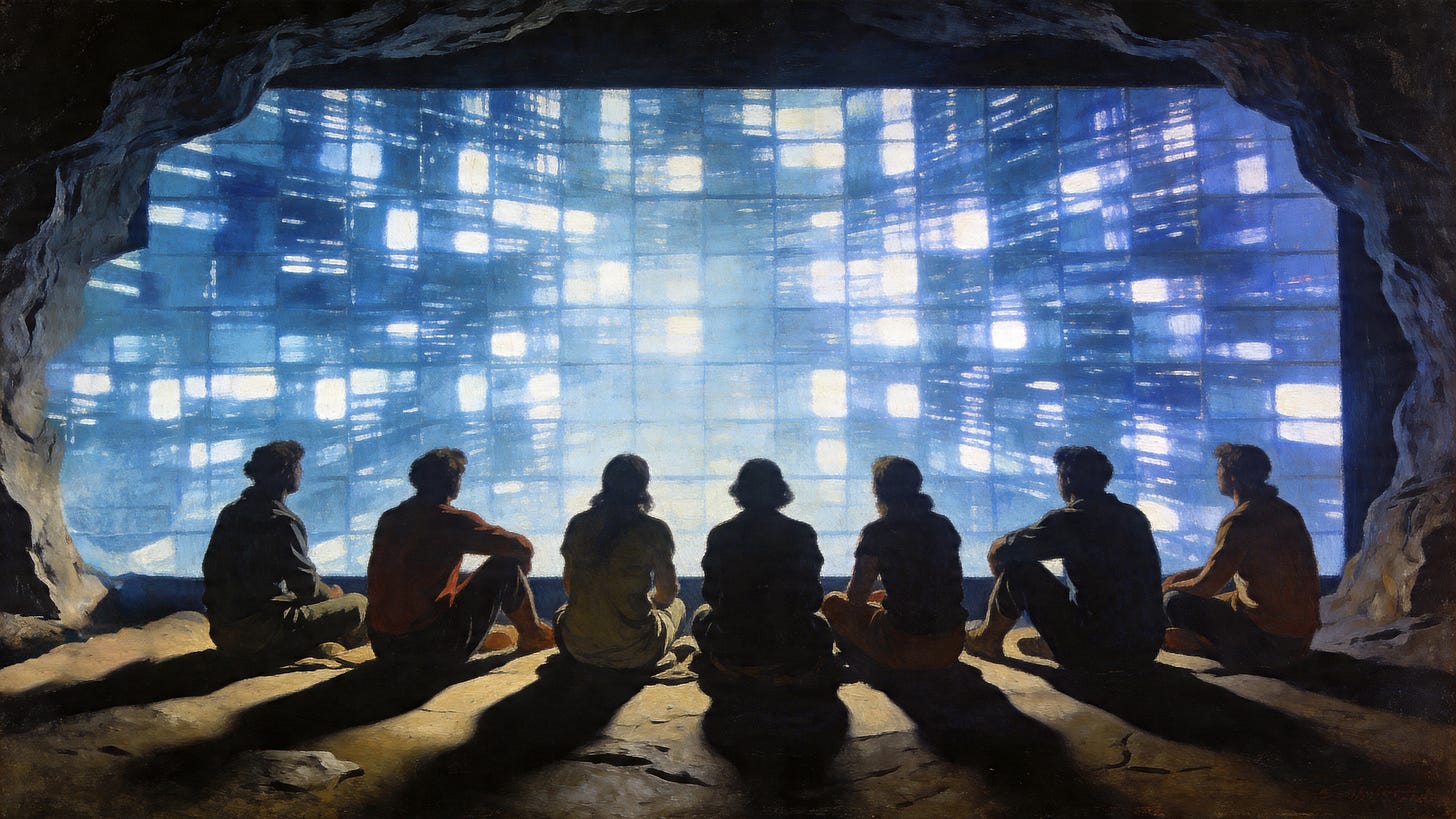 Seven figures sit on the floor of a cave, facing a vast glowing screen — its cold blue light flooding the chamber. Their shadows stretch behind them toward the viewer. No one looks back.