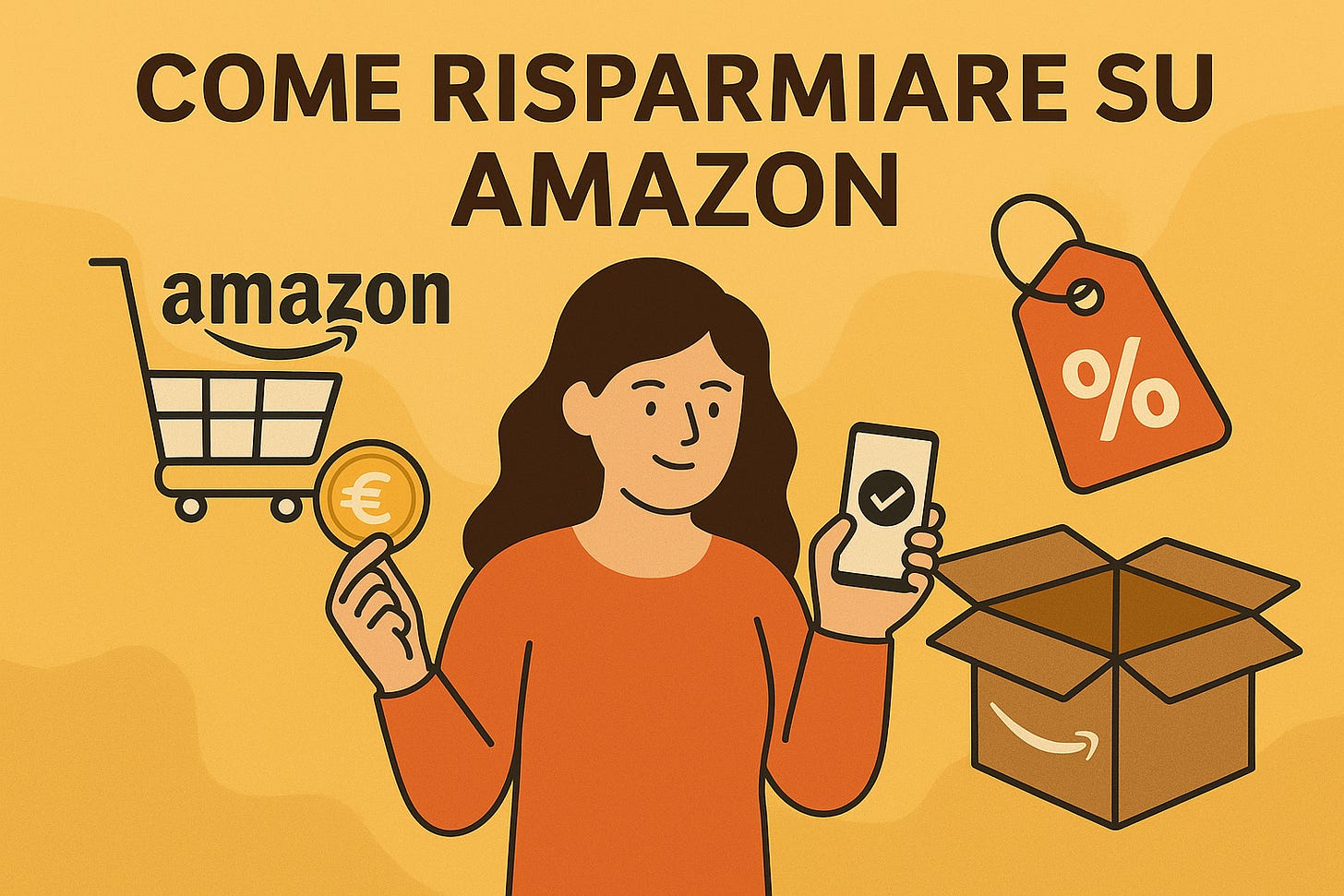Illustrazione digitale in stile flat che raffigura uno smartphone con il logo Amazon, un carrello della spesa pieno di pacchi e un utente che applica un coupon di sconto, simbolo di risparmio sugli acquisti online.