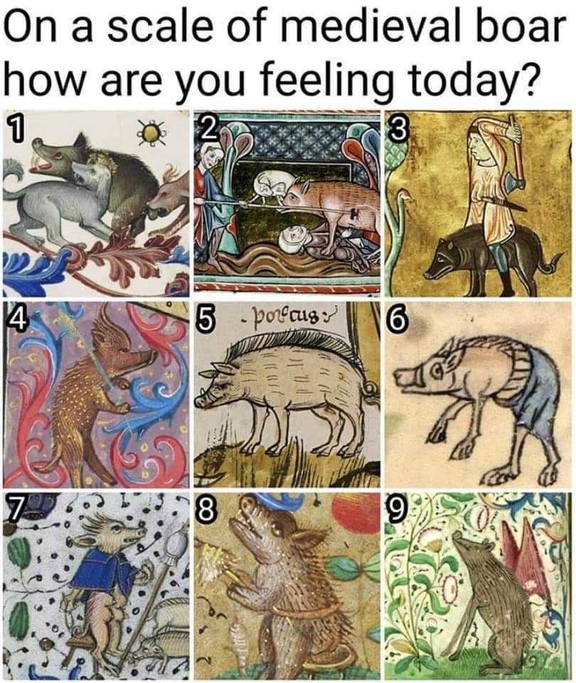 Heading: "On a scale of medieval boar, how are you feeling today?"
A grid of images of boars cropped from medieval manuscripts, numbered 1-9.
1 is fierce, fighting hunting dogs
2 is standing on top of one person and being stabbed by another, looking resigned
3 is being ridden by an ax-wielding guy, very stoic
4 is standing upright, holding a sword, unyielding and determined
5 is exhausted, standing on grass, labeled "porcus"
6 is wearing pants and deeply confused about it
7 is extremely dapper, wearing a nice little cape
8 is sitting on a stool, gazing upward, possibly singing
9 has wings and is smiling beatifically Heading: "On a scale of medieval boar, how are you feeling today?"
A grid of images of boars cropped from medieval manuscripts, numbered 1-9.
1 is fierce, fighting hunting dogs
2 is standing on top of one person and being stabbed by another, looking resigned
3 is being ridden by an ax-wielding guy, very stoic
4 is standing upright, holding a sword, unyielding and determined
5 is exhausted, standing on grass, labeled "porcus"
6 is wearing pants and deeply confused about it
7 is extremely dapper, wearing a nice little cape
8 is sitting on a stool, gazing upward, possibly singing
9 has wings and is smiling beatifically