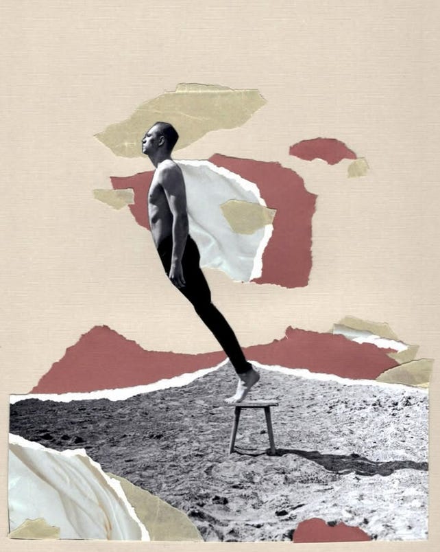 colagem manual: um homem na ponta dos pés, se debruçando para frente, mem cima de um banco, no meio da areia. o cenário é surreal, com diversos recortes