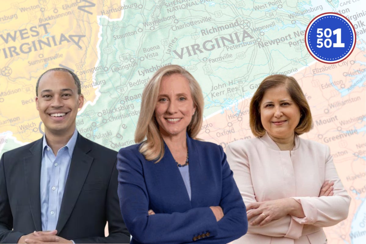 Abigail Spanberger, Ghazala Hashmi, and Jay Jones stand in front of a Virginia map, symbolizing a historic Democratic sweep of all three statewide offices in 2025.