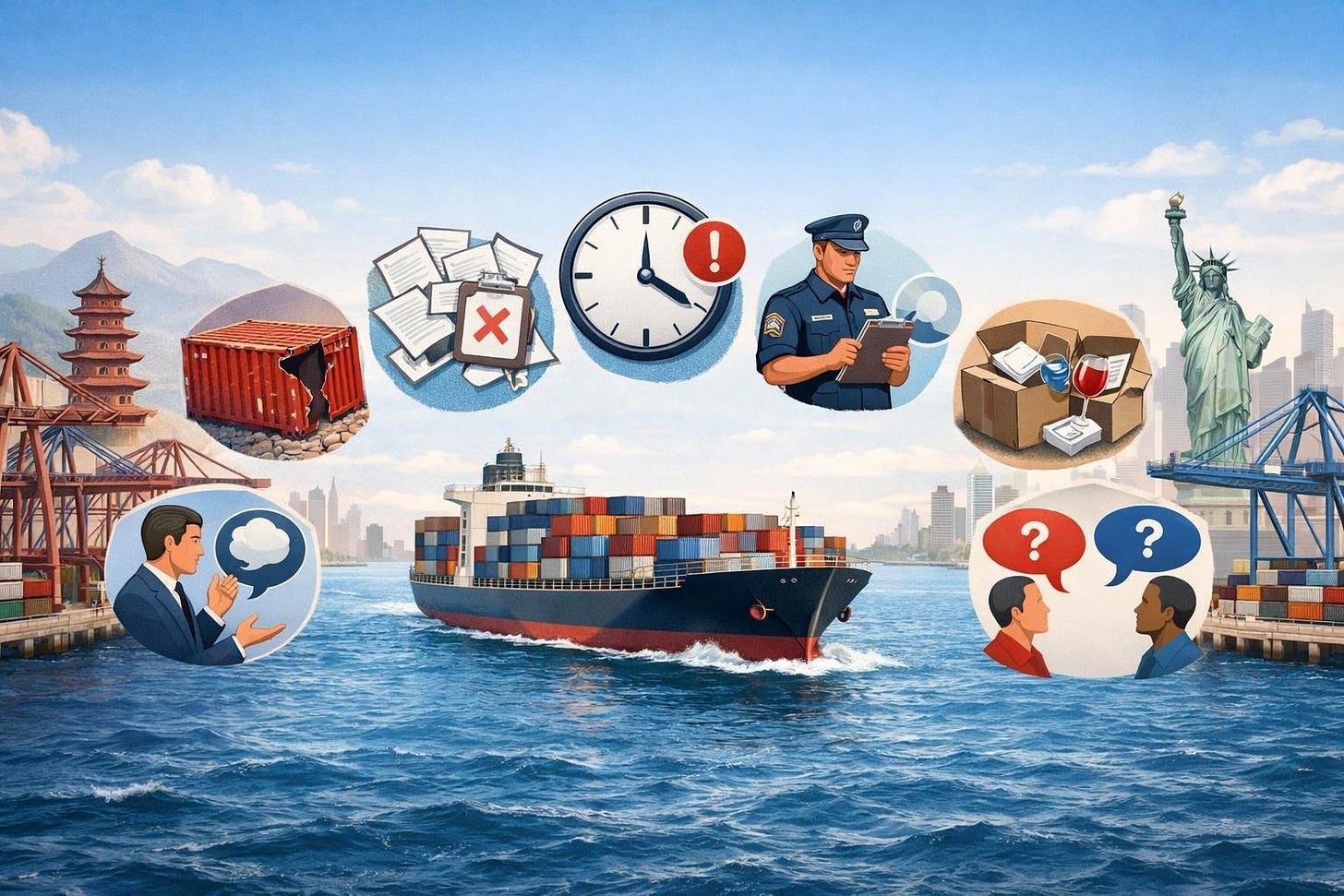 A cargo ship sailing between a Chinese port and an American port with visual icons representing six common shipping mistakes such as damaged containers, paperwork issues, delays, customs inspection, poor packaging, and miscommunication. A cargo ship sailing between a Chinese port and an American port with visual icons representing six common shipping mistakes such as damaged containers, paperwork issues, delays, customs inspection, poor packaging, and miscommunication.