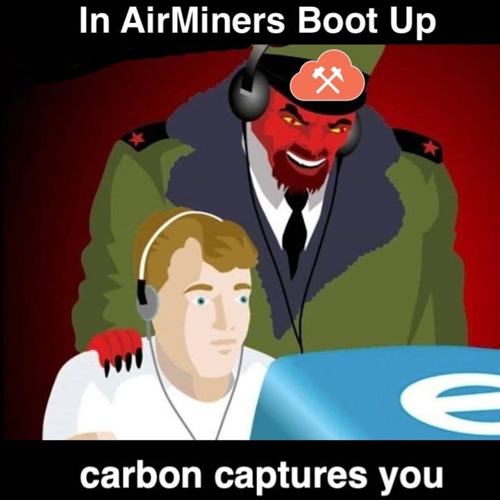 A propaganda-style illustration of a red devil in a Soviet cap behind a young man at a computer, with the text "In AirMiners Boot Up" and "carbon captures you".