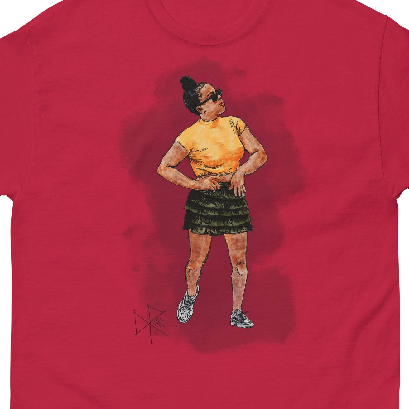 A woman dances by herself while dressed in sneakers, sunglasses, yellow shirt and a short horizontally layered skirt. Sketch art by Don Rice.