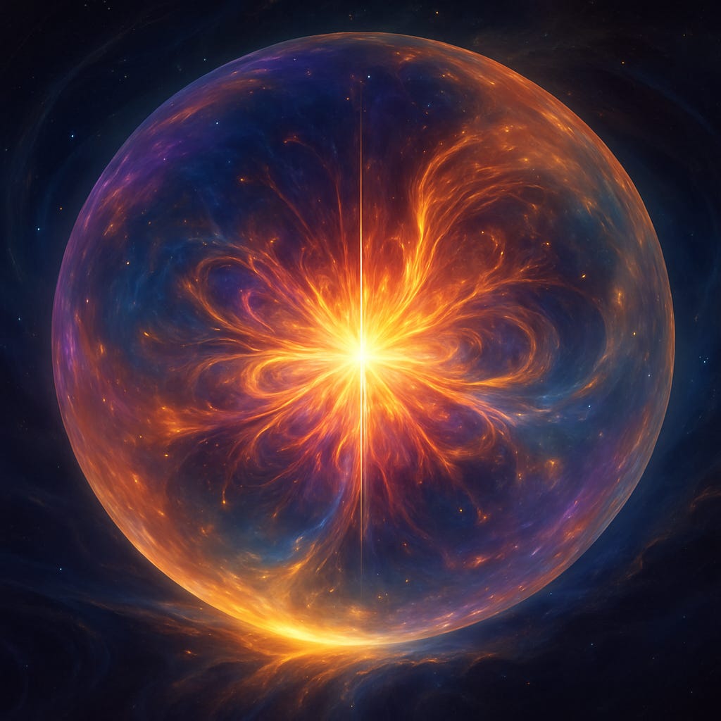 A luminous, spherical wave of energy in space, glowing with fiery orange and golden light at its core, radiating outward into swirling patterns of blue and violet — symbolising consciousness, creation, and coherence in the cosmos.