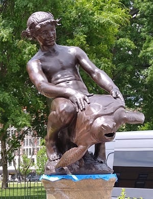 The freshly refurbished Burnside Fountain, more commonly referred to as "Turtleboy."