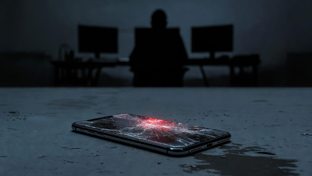 A shattered smartphone lies on a dark surface with a red glowing point of impact at the center of its cracked screen, while the silhouette of a hacker sits at a multi-monitor workstation in the shadowy background, depicting a silent remote device compromise