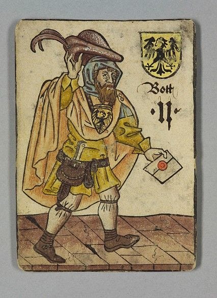 This may contain: an image of a man with a hat and coat holding a letter in his hand