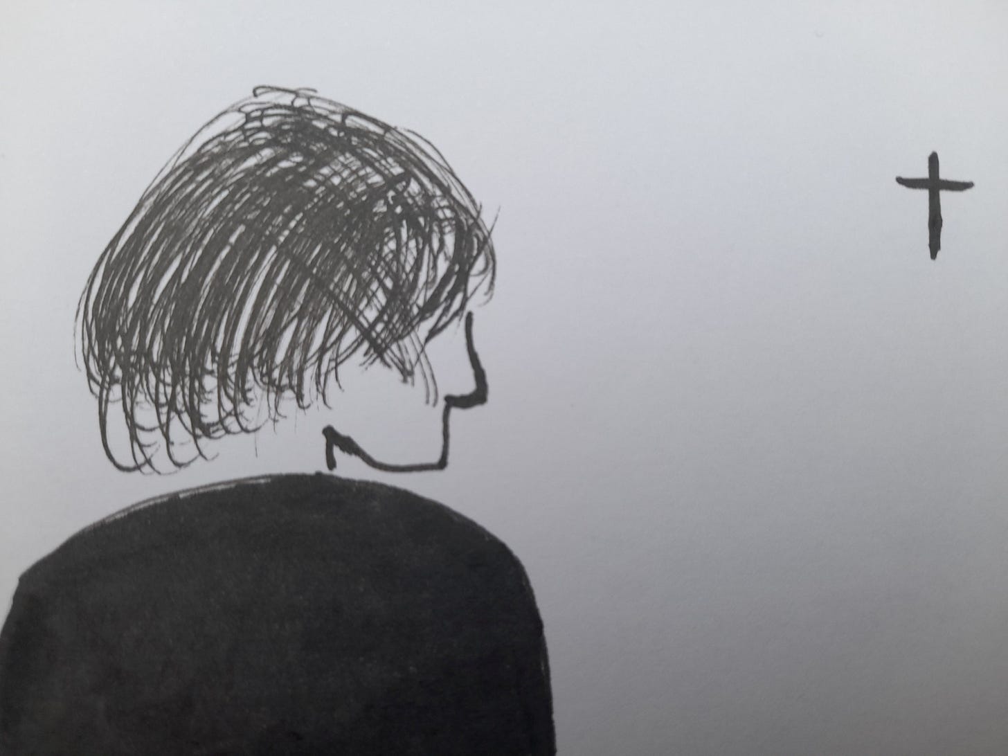 A drawing of a young woman looking towards a cross in the distance