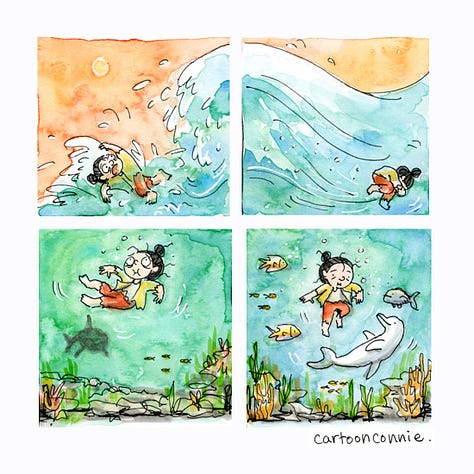 Detail of a 4-panel watercolor comic strip in rhyme, illustrating a cartoon character trying to stay afloat as a big wave crashes onto her and she is pulled underwater. The panels are adjoining and also form one image of an ocean wave. Titled “Sink Or Swim,” this is a cartoon about persevering through hardship and finding support in surprising places. Ink and watercolor on paper. Original art by Connie Sun, cartoonconnie, 2025, All rights reserved.