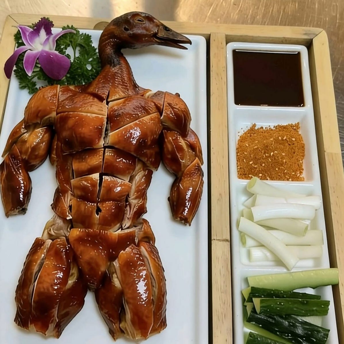 A cooked Peking Duck on a platter that is "sculpted" to resemble the form of a bodybuilder. 