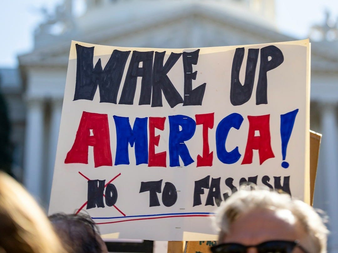 Protest sign reads "wake up america! no to fascism"