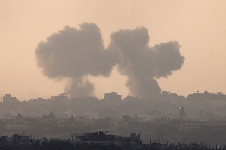 A picture taken from Israel's southern city of Sderot shows smoke billowing during a Israeli strike on Gaza on October 22, 2023 (Photo by JACK GUEZ/AFP via Getty Images)