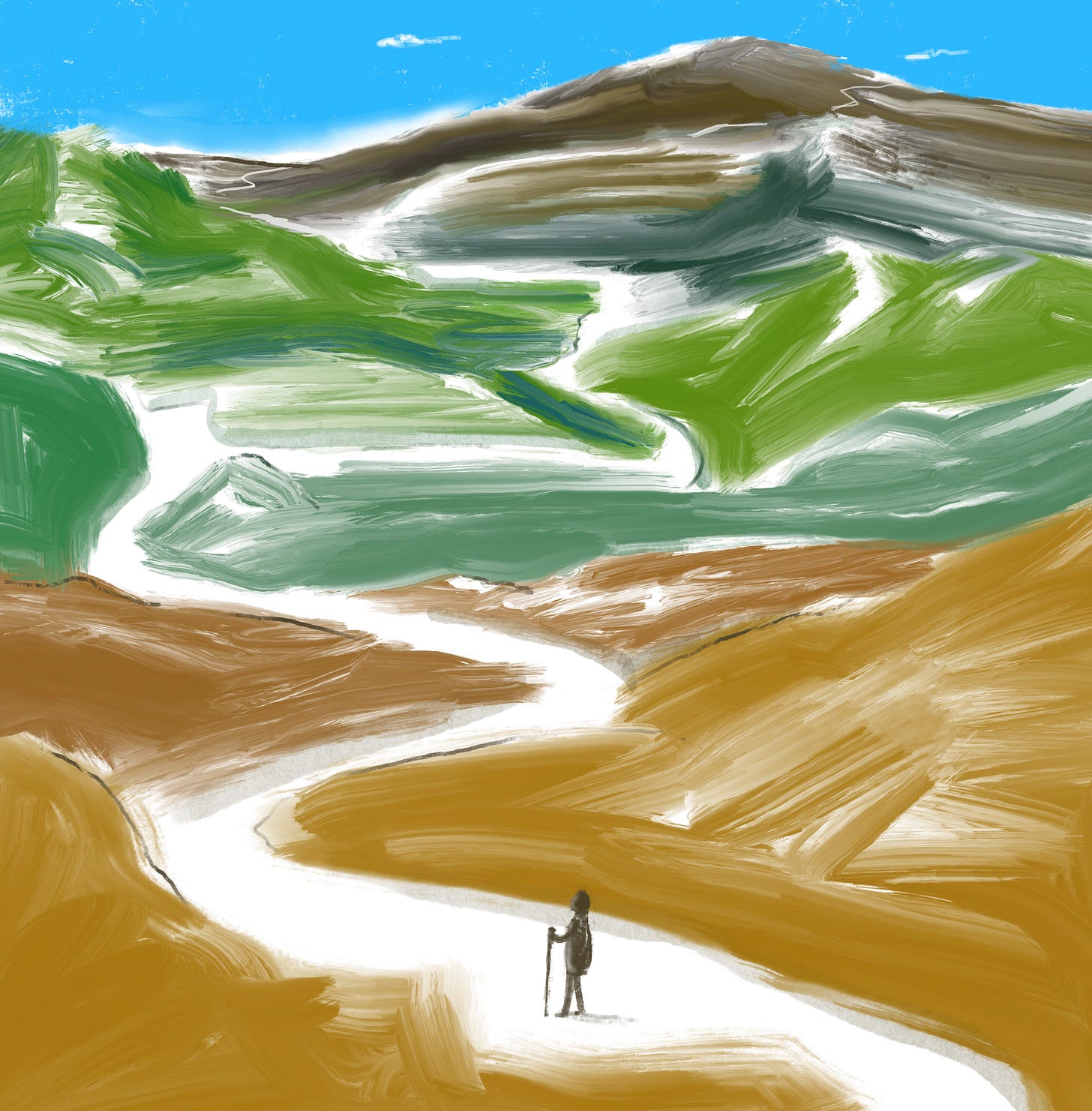 Illustration of a person about to embark on a mountain path, for article: When the Path Disappears: The Quiet Power of Awe Illustration of a person about to embark on a mountain path, for article: When the Path Disappears: The Quiet Power of Awe