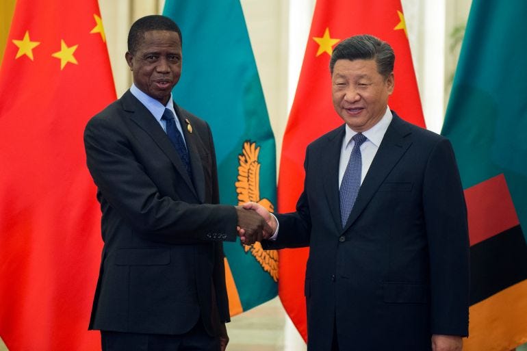 Zambia's President Edgar Lungu, left, shake hands with China's President Xi Jinping, prior to their bilateral meeting at the Great Hall of the People, in Beijing, China, Saturday, Sept. 1, 2018 ahead of the Forum on China-Africa Cooperation which will be held Sept. 3-4. (Nicolas Asfouri/Pool Photo via AP) Zambia's President Edgar Lungu, left, shake hands with China's President Xi Jinping, prior to their bilateral meeting at the Great Hall of the People, in Beijing, China, Saturday, Sept. 1, 2018 ahead of the Forum on China-Africa Cooperation which will be held Sept. 3-4. (Nicolas Asfouri/Pool Photo via AP)