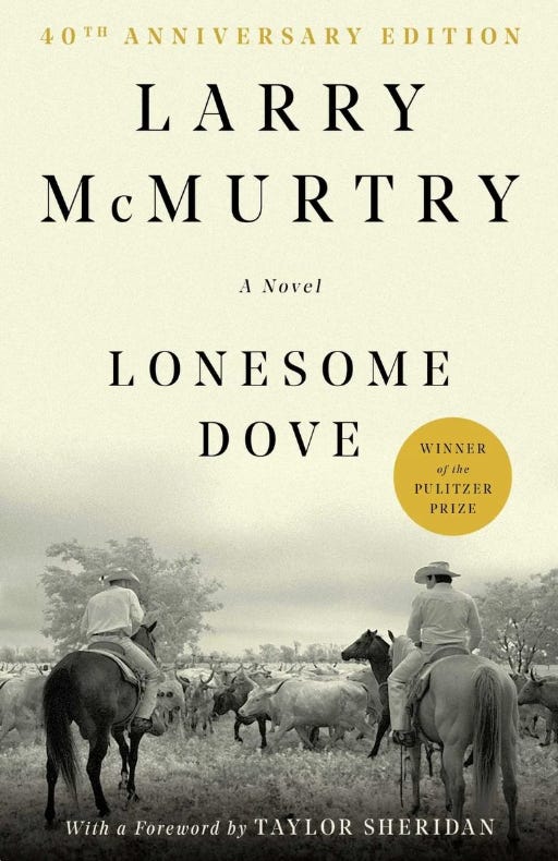 side by side photos of book covers yesteryear on left and lonesome dove on right
