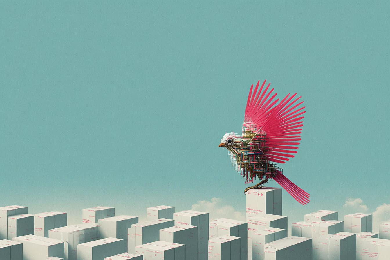 A stylized mechanical bird with pink, circuit-like wings perches on top of a tall white box, surrounded by a grid of similar white boxes against a pale blue sky. A stylized mechanical bird with pink, circuit-like wings perches on top of a tall white box, surrounded by a grid of similar white boxes against a pale blue sky.