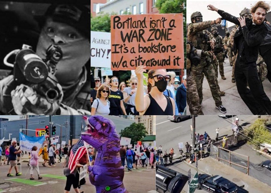 A collage of photos from protests in Chicago and Portland