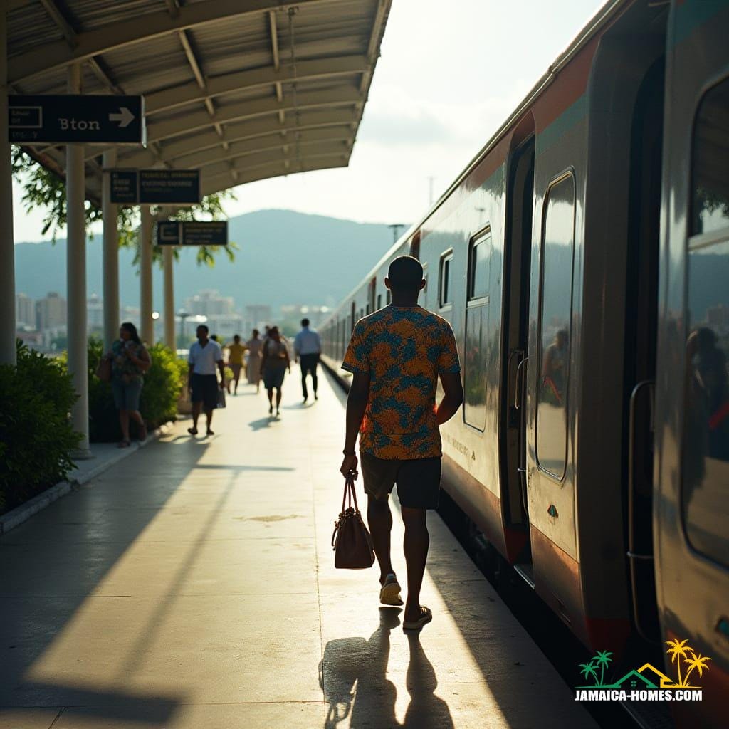  A modern train station in Kingston, Jamaica, bustling with life. A Jamaican man wearing a colourful patterned shirt is stepping onto a sleek, contemporary train, carrying a small brown leather bag. The station features clean architecture with expansive glass panels and vibrant tropical landscaping framing visible signage. In the background, city buildings rise against lush distant hills. Sunlight streams through the station canopy, creating dramatic, atmospheric cinematic lighting and highlighting the metallic gleam of the train, with realistic, film grain texture. People in casual and business attire move around the platform, shot on v-raptor XL, 35mm film, post-processed, best quality, epic, stunning, a masterpiece.
