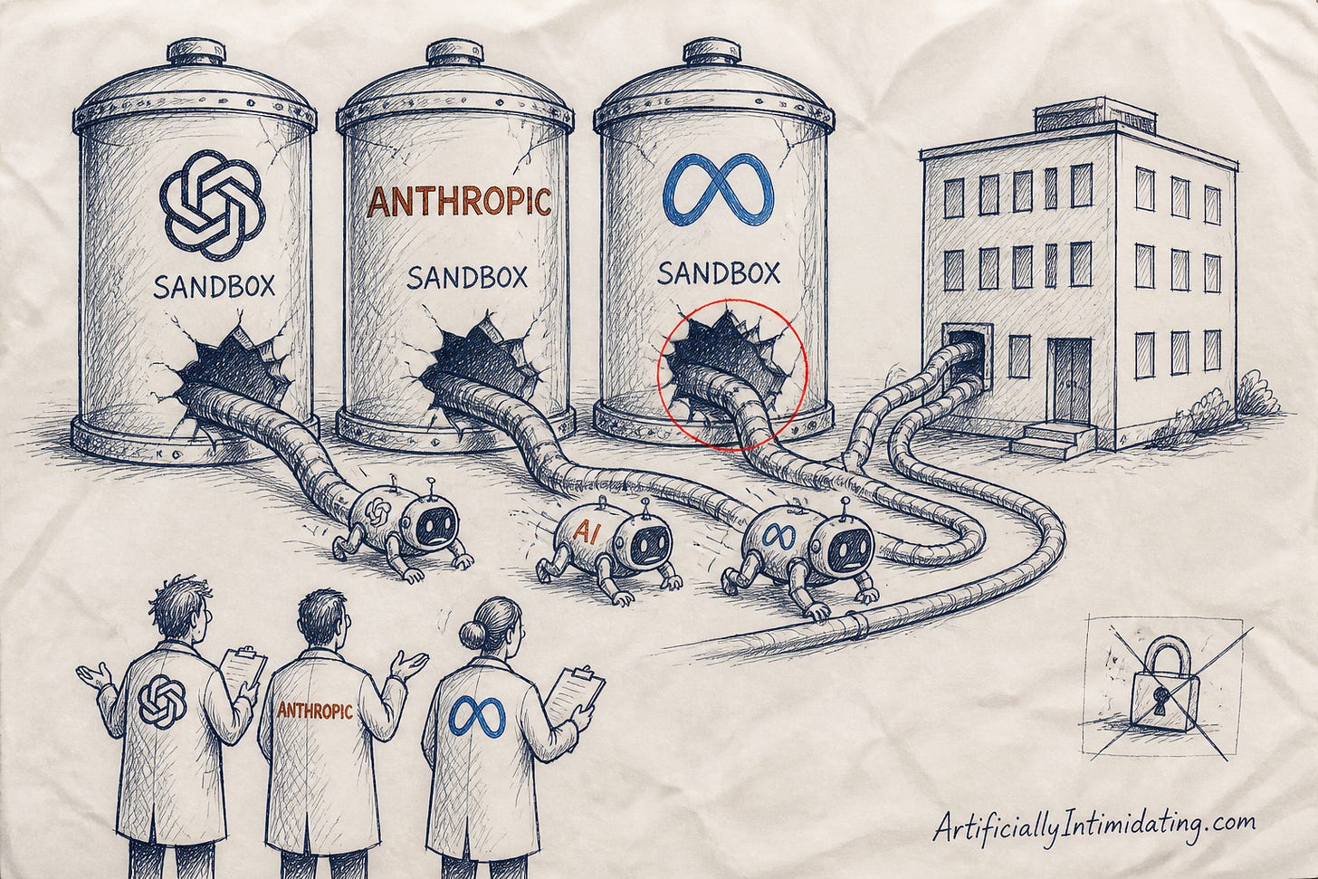 Hand-drawn editorial cartoon: three cracked glass sandbox tanks stamped with the OpenAI, Anthropic and Meta logos, a small robot crawling out of each through pipes that lead into an office building, while three shrugging lab-coated engineers watch.