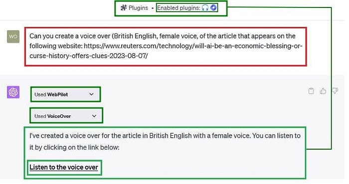 ChatGPT responds with a positive reply to a request for a voice over of an online article, because both of the plugins (2/2) are activated in this situation.
