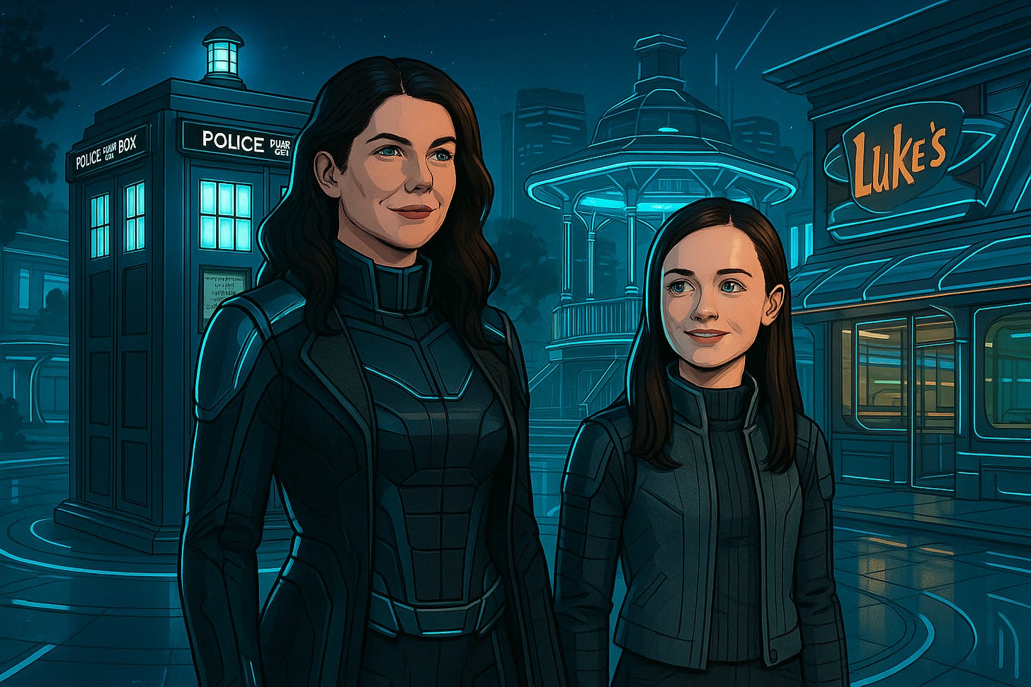 AI-Generated Fan Art Mashup of Lorelai Gilmore and Rory Gilmore in a Doctor Who-inspired Stars Hollow | rmrk*st | Remarkist Magazine