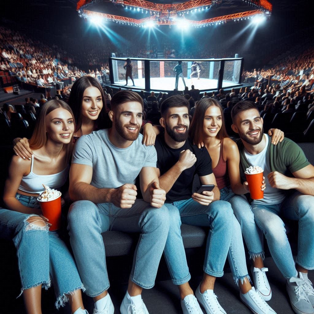um grupo de amigos num estadio vendo uma luta de MMA