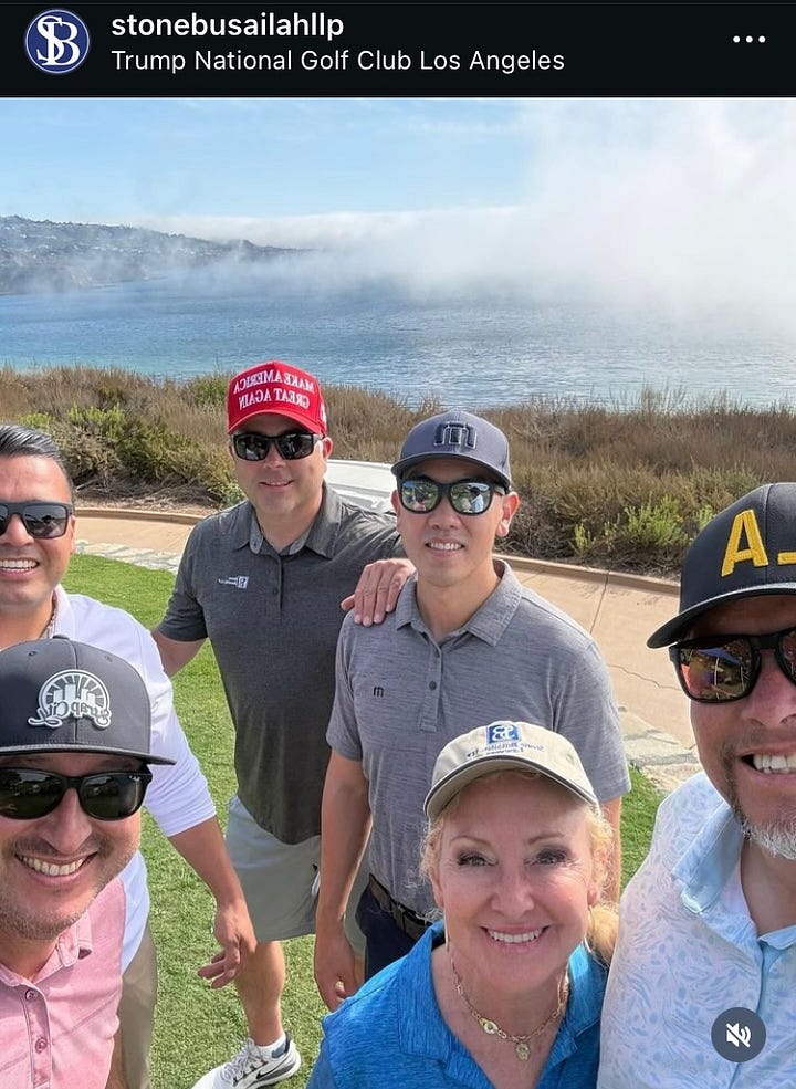 John Kachirisky hanging out at the Trump National Golf Course - Los Angeles. Second photo is zoomed and mirrored to make the font legible. 