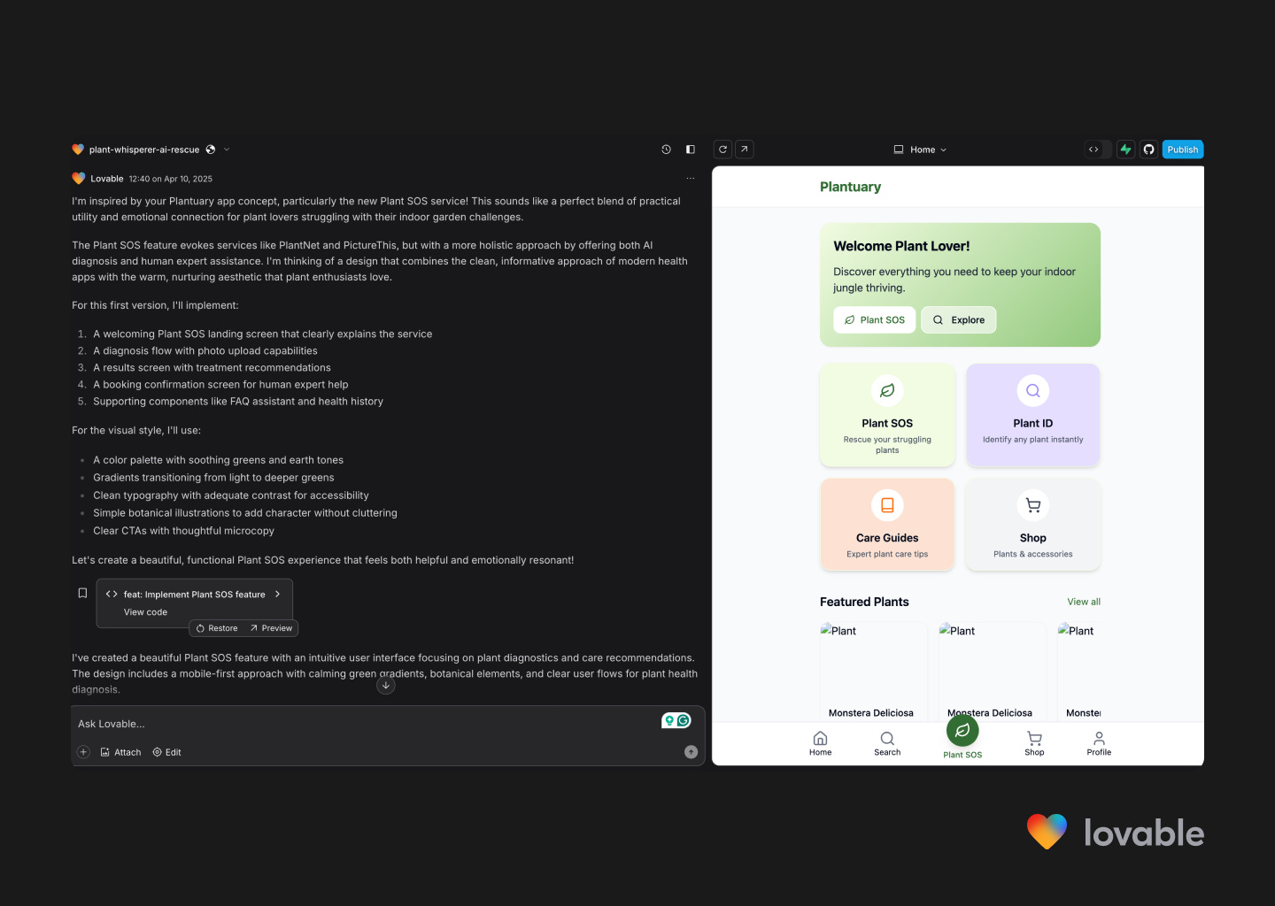 Lovable chat agent screen with the AI agent running on the left-side and the prompt output on the right side. Lovable chat agent screen with the AI agent running on the left-side and the prompt output on the right side.