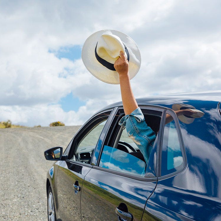 Person holding hat out back car window. Random images can tell a story!