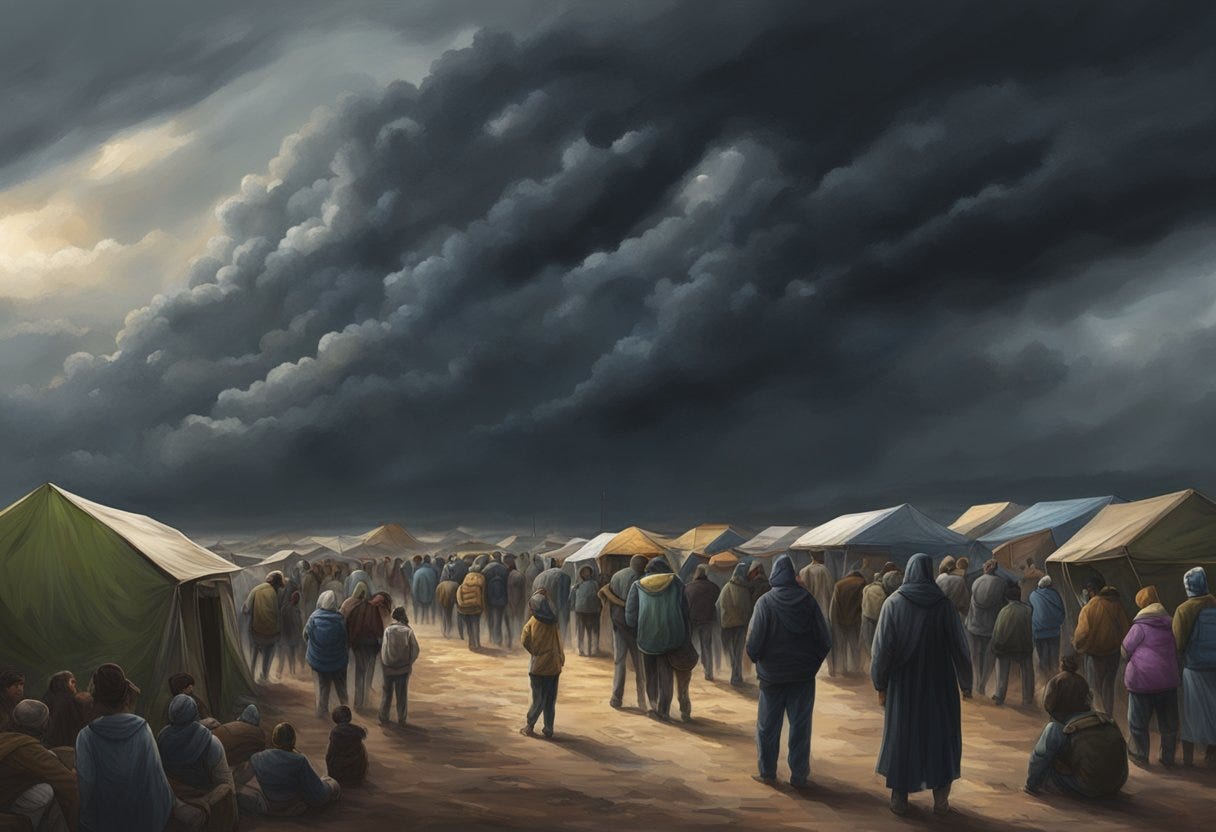 A dark and ominous sky looms overhead as people hurriedly gather supplies and seek shelter, preparing for the impending tribulation