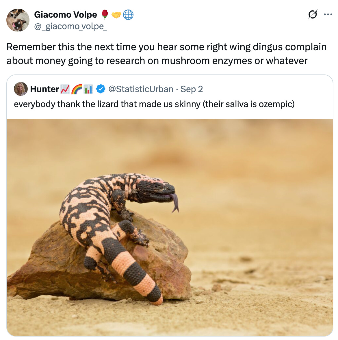 Post  See new posts Conversation Giacomo Volpe 🌹🤝🌐 @_giacomo_volpe_ Remember this the next time you hear some right wing dingus complain about money going to research on mushroom enzymes or whatever Quote Hunter📈🌈📊 @StatisticUrban · Sep 2 everybody thank the lizard that made us skinny (their saliva is ozempic) Post  See new posts Conversation Giacomo Volpe 🌹🤝🌐 @_giacomo_volpe_ Remember this the next time you hear some right wing dingus complain about money going to research on mushroom enzymes or whatever Quote Hunter📈🌈📊 @StatisticUrban · Sep 2 everybody thank the lizard that made us skinny (their saliva is ozempic)