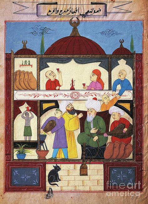 (L) Avicenna Teaching His Students The Rules For Hygiene, Bath, Wine And Music (C) Guido d’Arezzo  (R) Tibetan Throat Singing