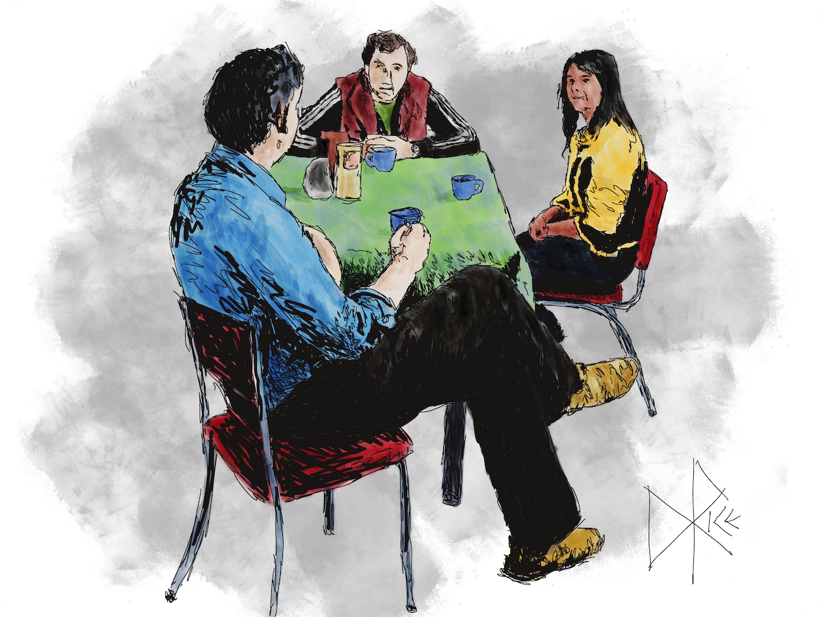 Three people sitting around a table, chatting over coffee. Sketch art by Don Rice. Three people sitting around a table, chatting over coffee. Sketch art by Don Rice.
