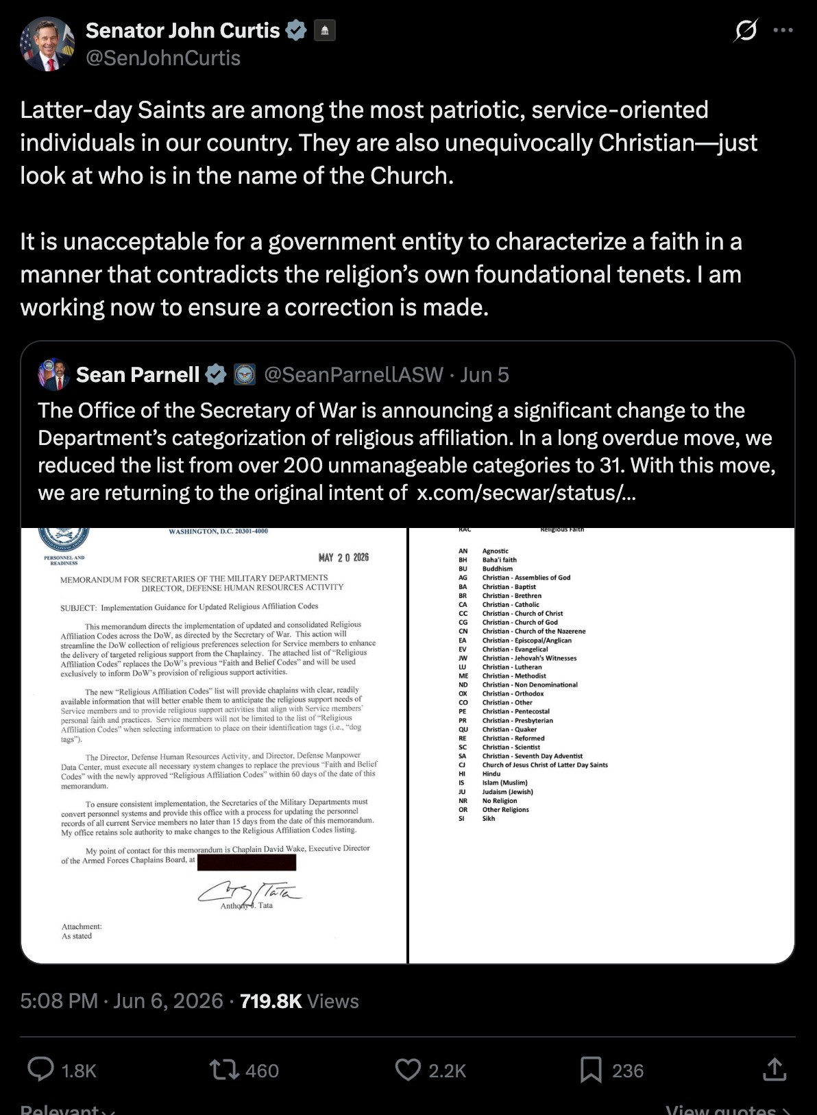 Curtis: Latter-day Saints are among the most patriotic, service-oriented individuals in our country. They are also unequivocally Christian—just look at who is in the name of the Church. It is unacceptable for a government entity to characterize a faith in a manner that contradicts the religion’s own foundational tenets. I am working now to ensure a correction is made. Curtis: Latter-day Saints are among the most patriotic, service-oriented individuals in our country. They are also unequivocally Christian—just look at who is in the name of the Church. It is unacceptable for a government entity to characterize a faith in a manner that contradicts the religion’s own foundational tenets. I am working now to ensure a correction is made.