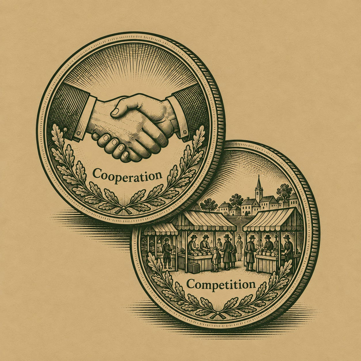 Two overlapping engraved coins in green on tan: a handshake labeled Cooperation and a marketplace labeled Competition.