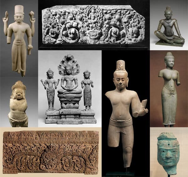 Cambodia says these nine items in the Met, four of which are in Gallery 249, are among dozens identified by a temple raider as artifacts he stole. Cambodian officials are relying heavily on his account, but the Met says they have not been provided with it or with other evidence to support the claims.