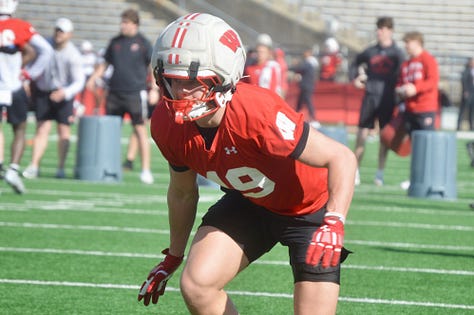 Wisconsin inside linebackers participate in individual position drills during the Badgers' spring football practice Saturday inside Camp Randall Stadium. 