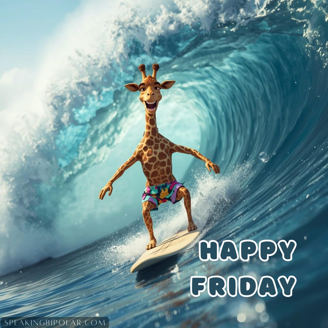A happy cartoon giraffe wearing swim trunks riding a surfboard on a large wave